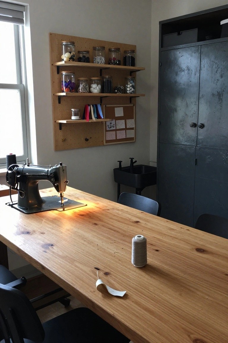 Wooden pegboard wall with shelves holding glass jars of buttons, beads, and notions next to a vintage black sewing machine on a long pine table, black metal cabinets, and a black sink in a workshop room.