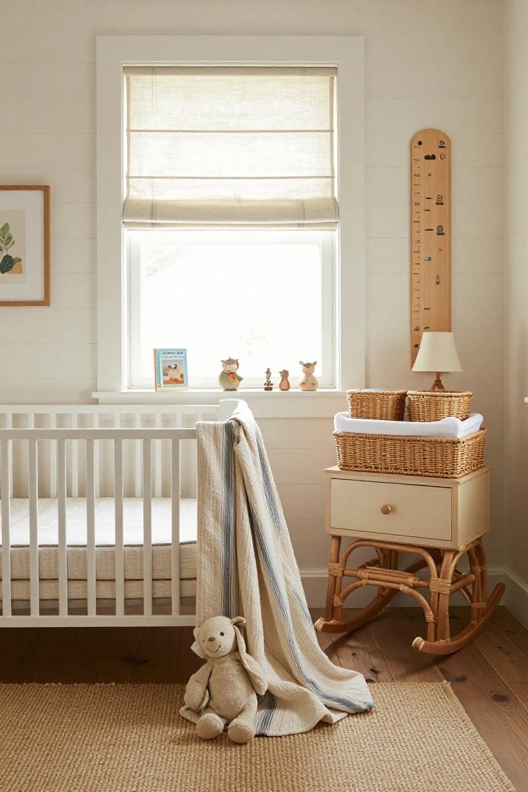 A nursery interior with a white crib draped in a striped knit blanket, a stuffed teddy bear on the seagrass rug, a rattan rocking chair nearby, stacked wicker baskets on a rattan dresser, a wooden height chart on the wall, and linen roman shades at the window.