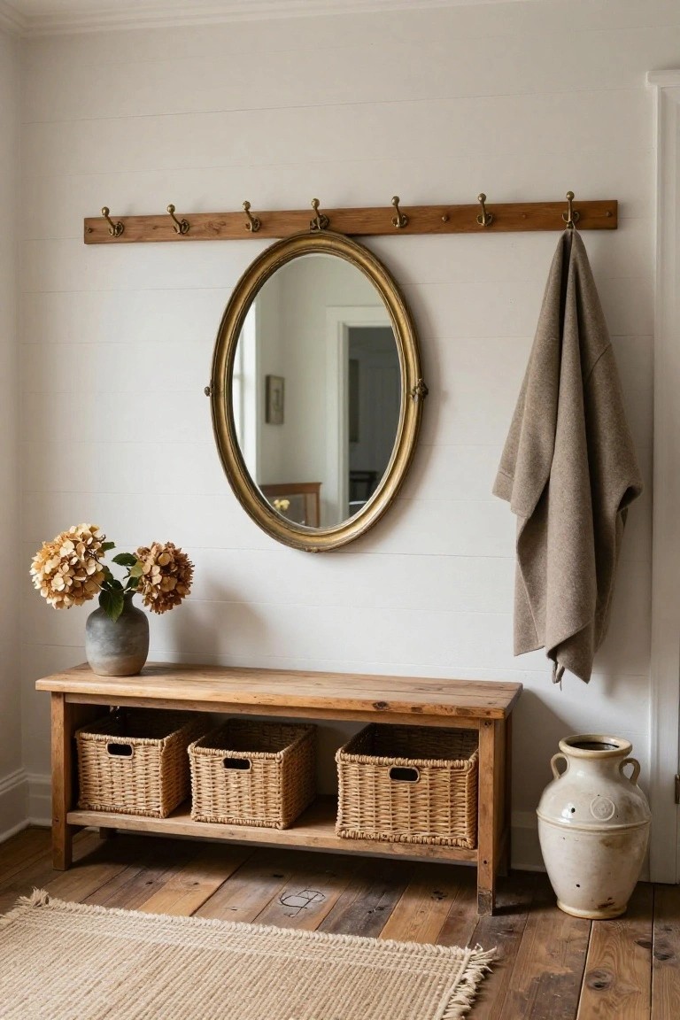 Rustic wooden bench with three woven storage baskets underneath in a white shiplap entryway, beside a gold-framed oval mirror, brass hooks on a wood rail with a beige towel draped over one, dried hydrangea bouquet in a gray vase, large white ceramic jar on the floor, and seagrass rug on wood floors.