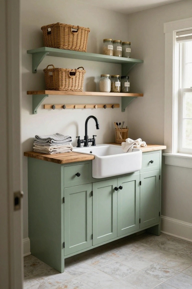 Sage green wooden cabinet base with white farmhouse sink and wooden countertop, flanked by open shelves holding wicker baskets and glass jars with labels, black faucet, towels nearby, in a light gray room with window and beige tile floor.