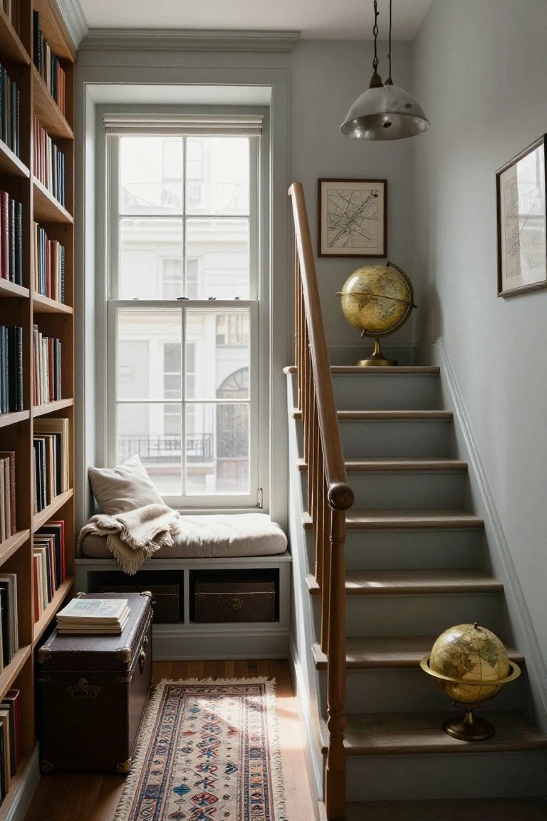 Narrow interior stairwell with wooden bookshelves lining the walls, a cushioned window seat with pillows and throw blanket, two brass globes, framed maps, and a pendant light against pale gray walls.