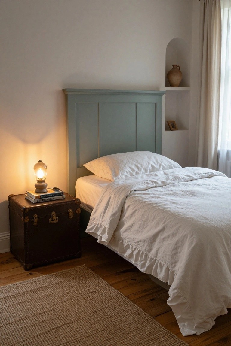 A bedroom corner with a teal paneled headboard behind a single bed draped in white linen bedding, a brown vintage suitcase nightstand topped with stacked books and a glass lantern lamp, an alcove shelf holding a terracotta pot, sheer curtains at the window, and a seagrass rug on wooden floors.
