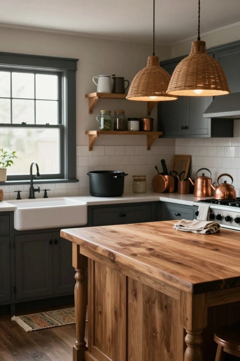 A rustic farmhouse kitchen with dark green cabinets, white farmhouse sink, large wooden center island on turned legs with butcher block top, copper pots on shelves, woven rattan pendant lights, and open shelving.
