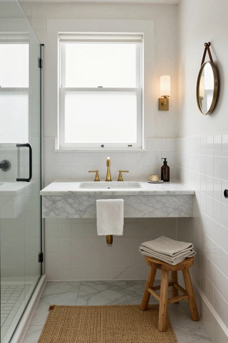 A white subway-tiled bathroom with glass shower enclosure, floating marble vanity and gold faucet, wooden stool with stacked towels next to it, round gold mirror, wall sconce, and seagrass rug on marble floor.