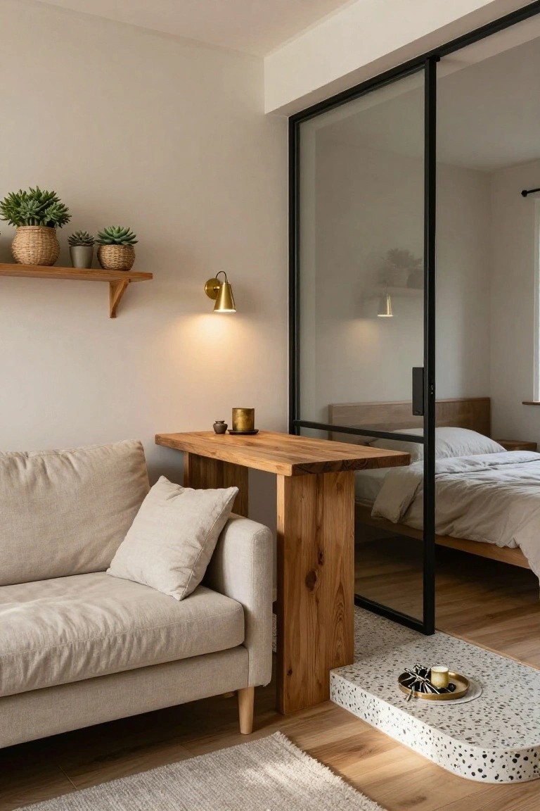 Beige linen sofa beside a wooden bench side table extending through a black-framed glass sliding door to a bedroom with a low wooden bed, wooden floating shelves holding potted plants, brass wall lamp, and white terrazzo step.
