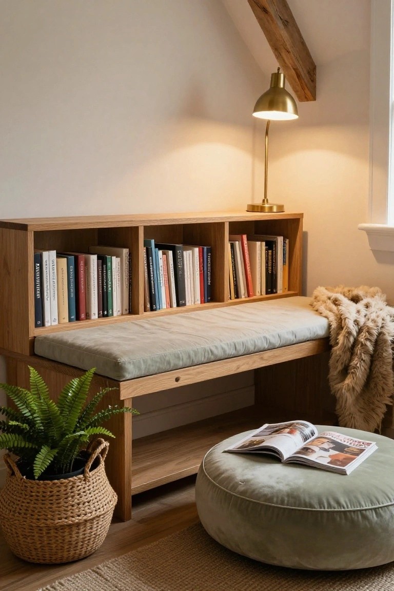 Wooden oak bookshelf with integrated cushioned bench seat topped by a light gray cushion and fur throw, green fern plant in wicker basket below, open magazine on green velvet pouf, brass lamp on shelf, sloped wood beam ceiling, white walls, and wood floor in cozy room.