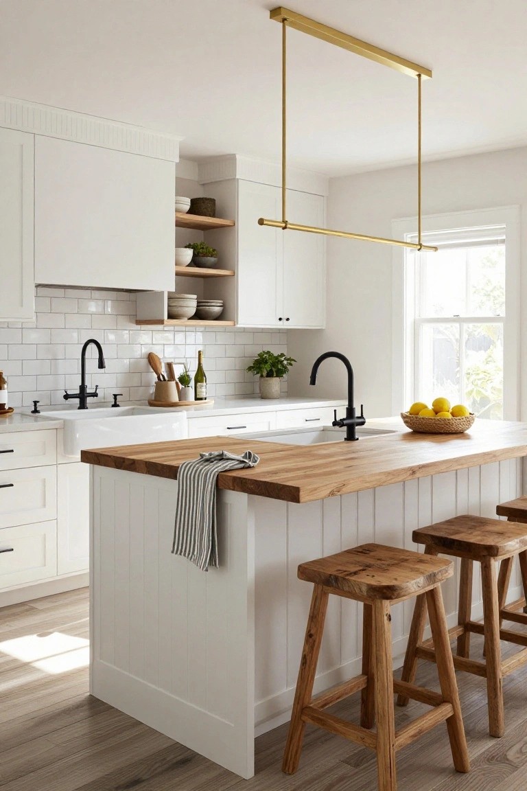 A bright white kitchen with shaker-style cabinets, subway tile backsplash, farmhouse sink with black faucets, central island topped in light butcher block wood with a striped towel and bowl of lemons, flanked by wooden bar stools, and a gold linear pendant light overhead.