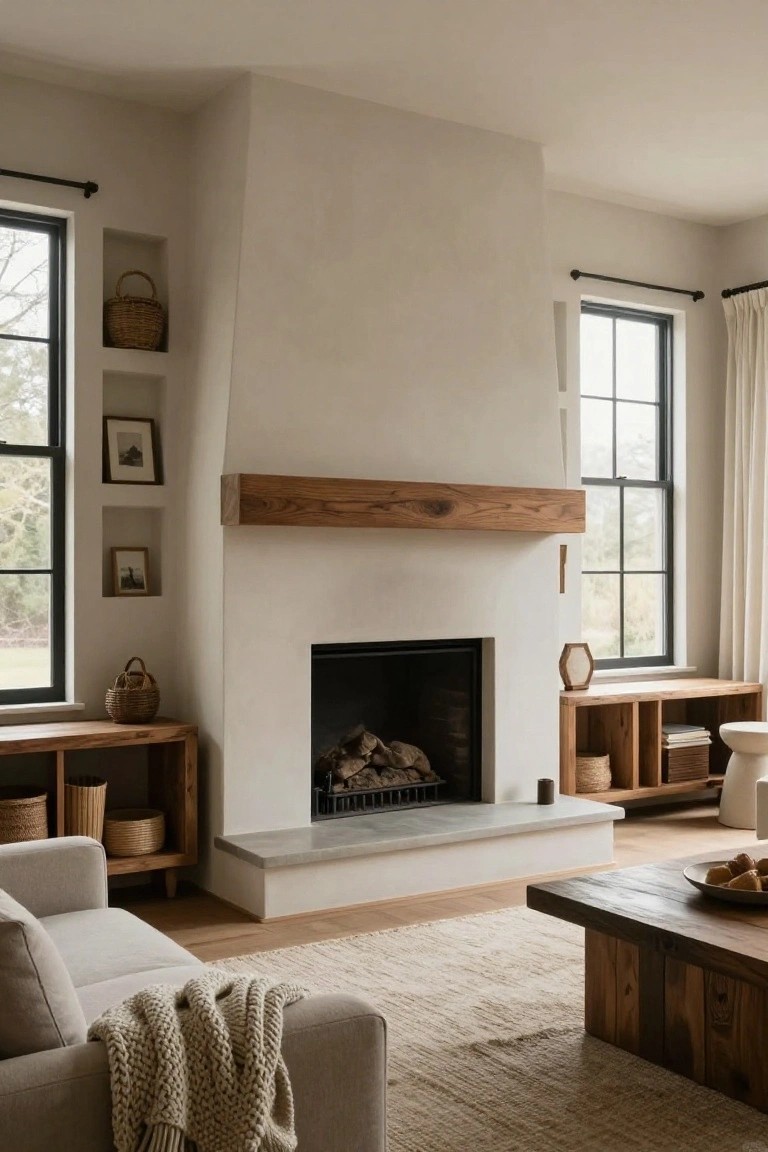 Living room interior with tall white plaster fireplace wall, thick wooden beam mantel, built-in niches holding baskets and frames, wooden benches with storage, cream sofa with throw, wooden coffee table, and large black-framed windows.