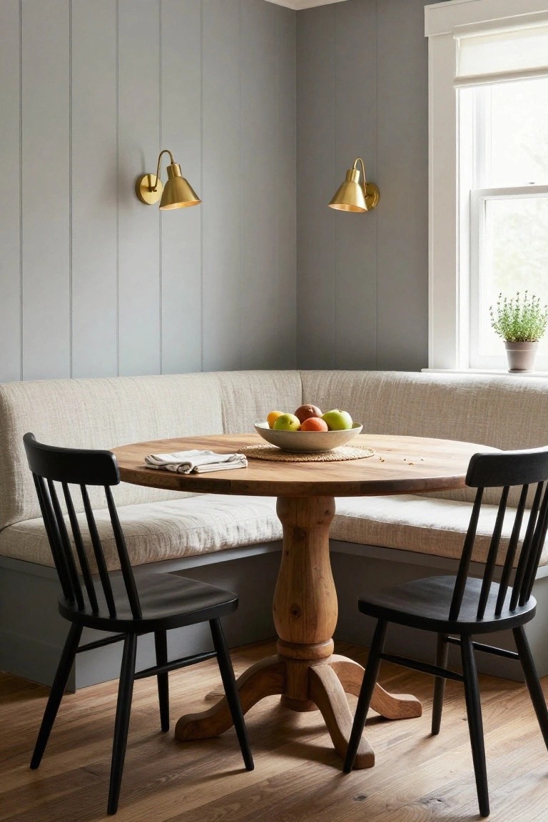 Gray shiplap corner wall with beige fabric booth seating, round wooden pedestal table topped with linen napkin and bowl of fruit on woven mat, two black spindle chairs, brass sconces, window with potted herb, and hardwood floor.