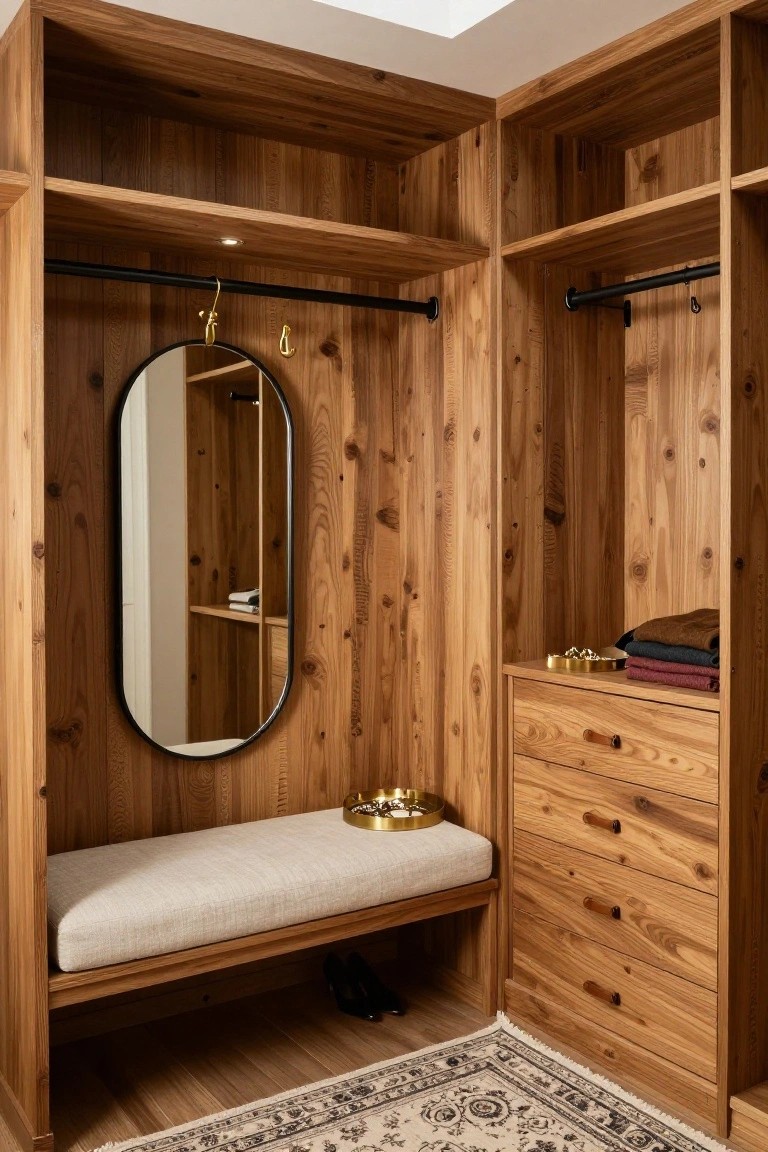 Wood-paneled walk-in closet with black hanging rods, oval black-framed mirror, shelves with folded clothes, gold trays, drawers with leather pulls, beige cushioned bench, black high heels stored underneath, and patterned rug on wood floor.