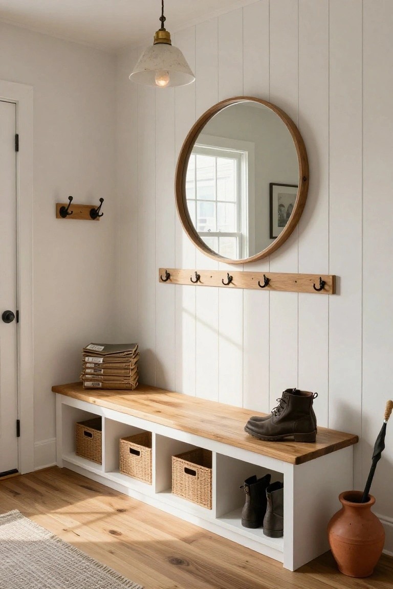 White shiplap entryway with wooden coat hooks, a large round wood-framed mirror, oak-topped bench with cubbies holding wicker baskets and boots, stacked papers, umbrella stand, and pendant light.