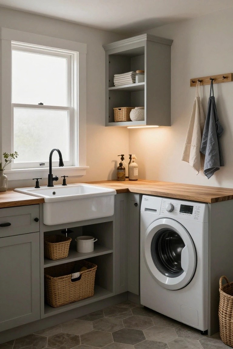 Corner laundry room interior with white farmhouse sink on wooden countertop, gray shaker-style cabinets, front-loading white washer, wicker baskets, and gray hexagonal tile floor.