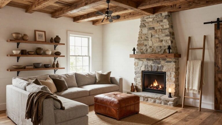 Living room with exposed wooden ceiling beams, stone fireplace under wooden mantel, floating wooden shelves holding pottery and books, wooden barn door beside a window, linen sofa, leather ottoman, and jute rug on wood floor.