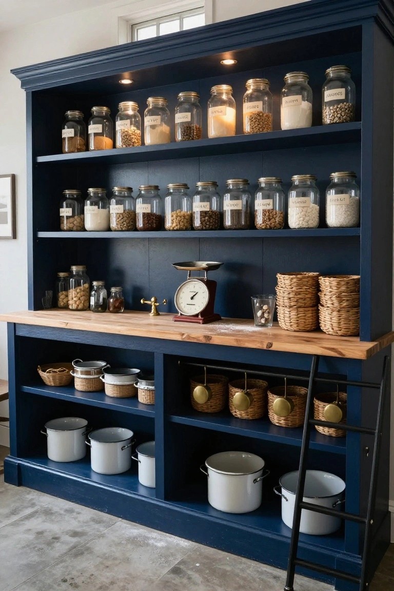 Tall navy blue wooden hutch with open shelves stocked with glass jars of dry goods and beans, wicker baskets, enamelware pots in lower cabinets, wooden countertop holding a brass scale, and a black ladder on the side.