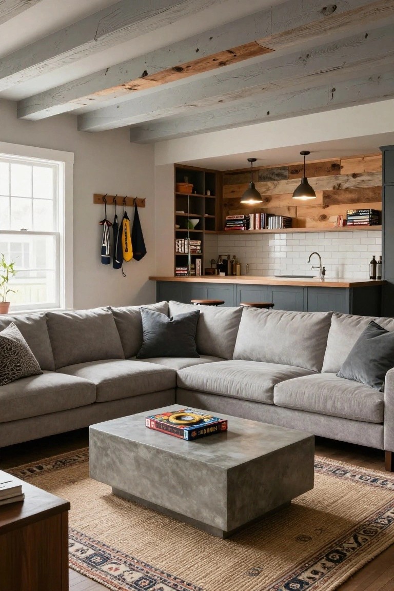 Living room with gray L-shaped sofa, concrete coffee table on a patterned rug, and background bar featuring wood plank wall, open shelves with books, subway tile backsplash, pendant lights, and bar stools under exposed wood beams.