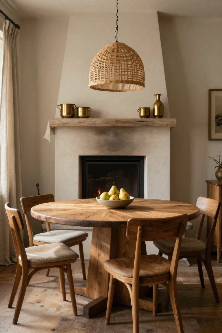 Dining room with round live-edge wooden table holding a bowl of pears, four wooden chairs with beige seat cushions, beige stucco fireplace with brass vessels on wooden mantel shelf, rattan pendant light overhead, and linen curtains on windows.