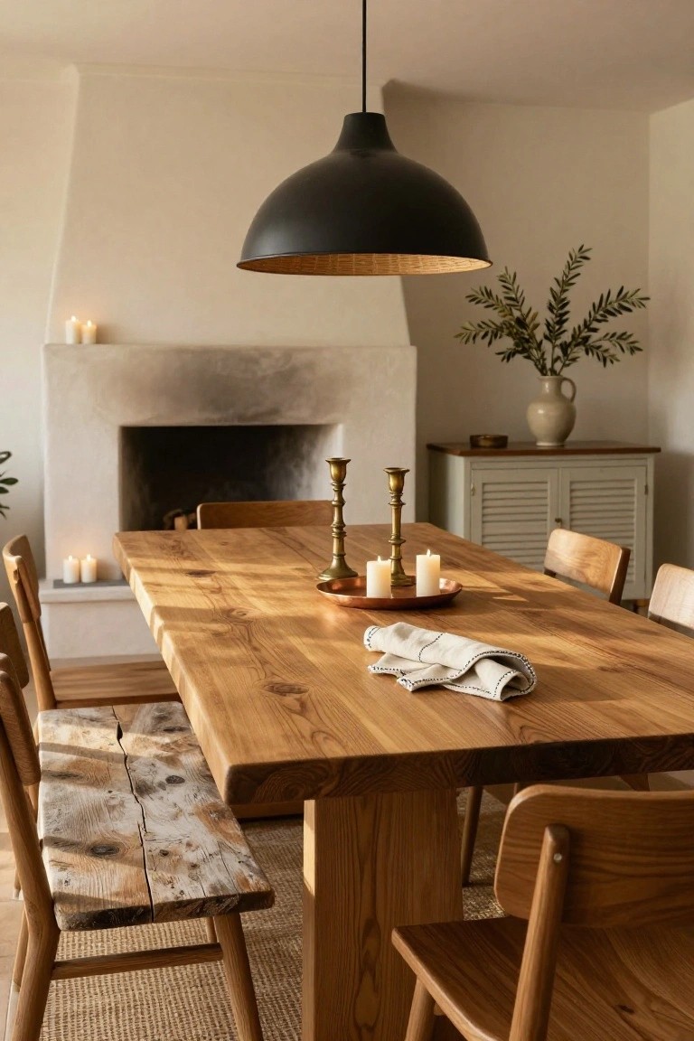 Dining room with large rectangular wooden table and benches, brass candlesticks and candles on table, black pendant light above, white fireplace nearby, neutral walls and wooden chairs.