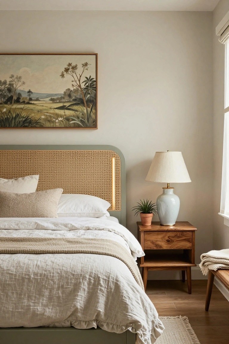 Cozy bedroom with sage green cane headboard, white linens, wooden nightstand, and landscape painting.