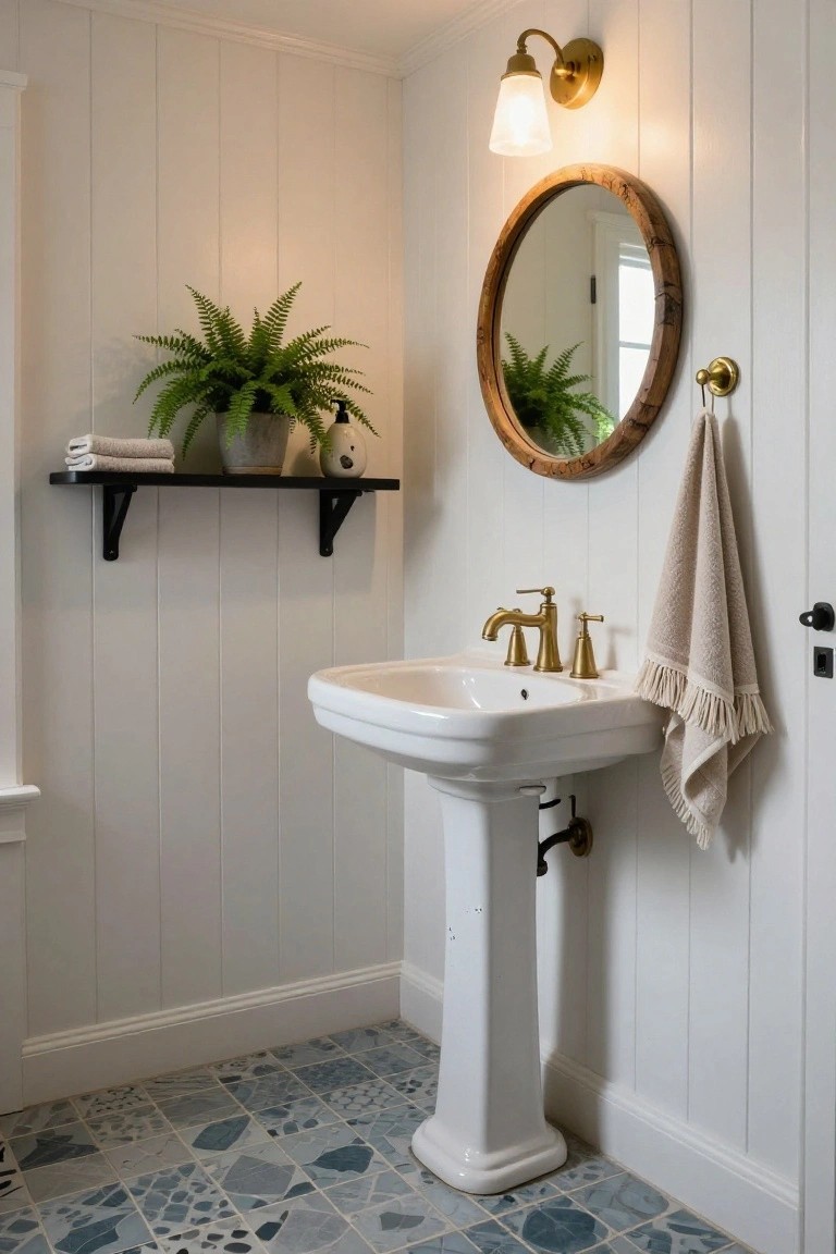 Small bathroom featuring white shiplap walls, white pedestal sink with brass bridge faucet, round wood-framed mirror, black floating shelf with fern plant and towels, beige fringed towel on hook, and blue patterned tile floor.