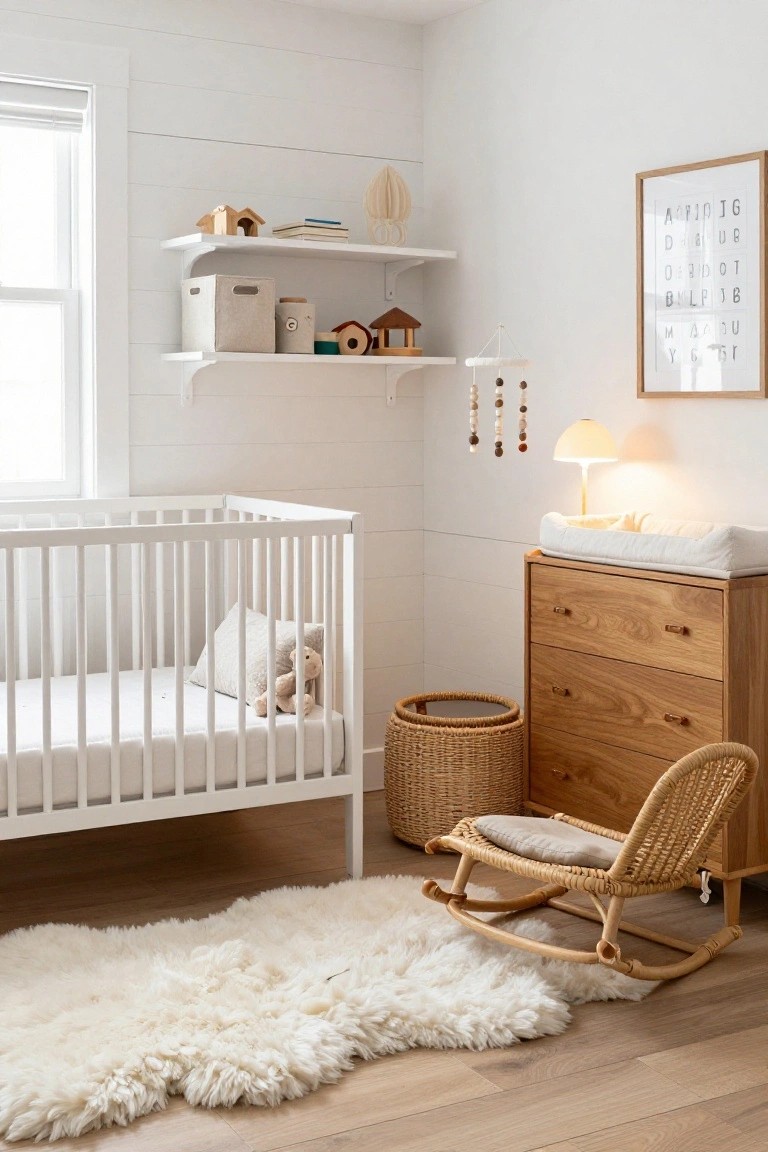 White shiplap-walled nursery with white crib, wooden dresser and changing station, rattan rocking chair, fluffy white rug, wooden shelves holding toys, and a neutral alphabet print.
