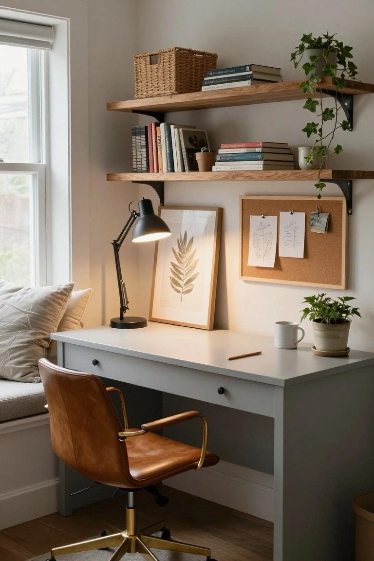 A cozy gray desk setup with leather chair, wooden shelves, lamp, and plants.