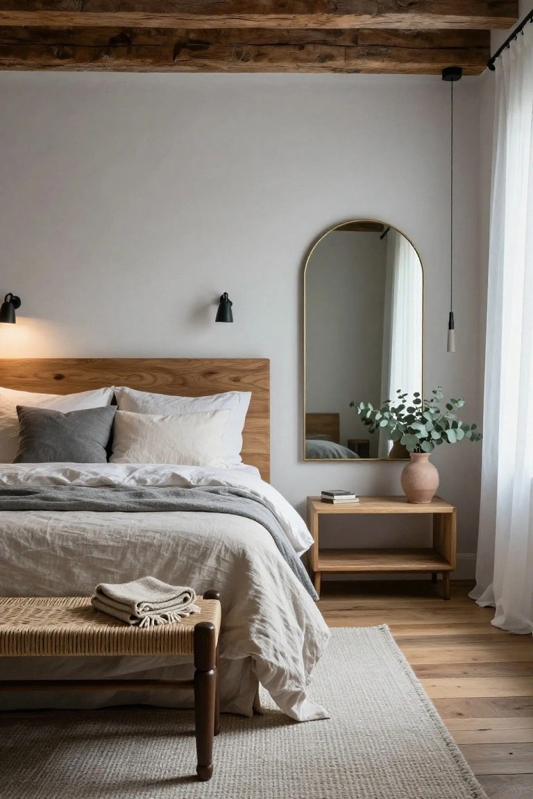Bedroom interior with oak slat headboard, neutral gray and white linens on bed, gold arched mirror hanging nearby, wooden nightstand holding a vase of eucalyptus, rattan bench with linen throw at bed foot, exposed wood beams on ceiling, and light wood floors.
