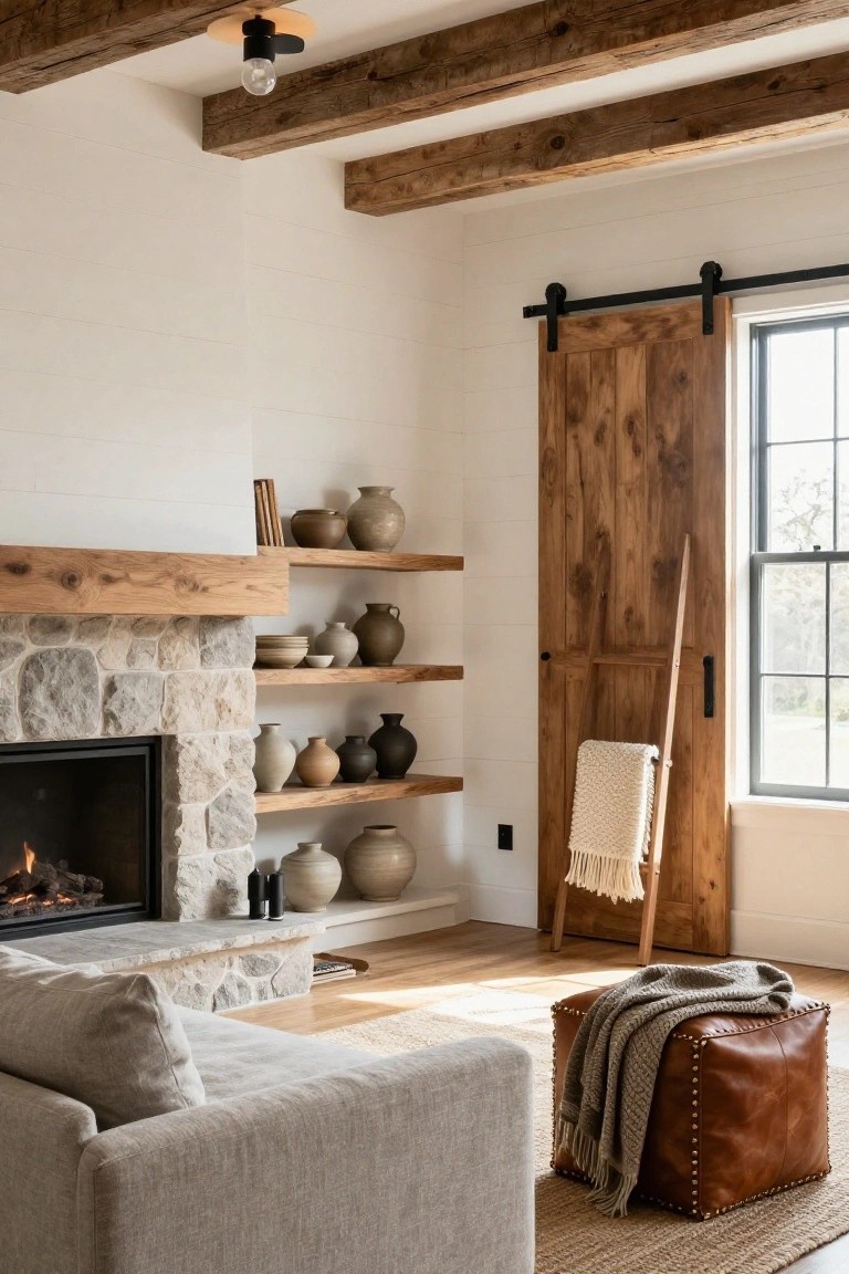 Living room with exposed wooden ceiling beams, stone fireplace under wooden mantel, floating wooden shelves holding pottery and books, wooden barn door beside a window, linen sofa, leather ottoman, and jute rug on wood floor.