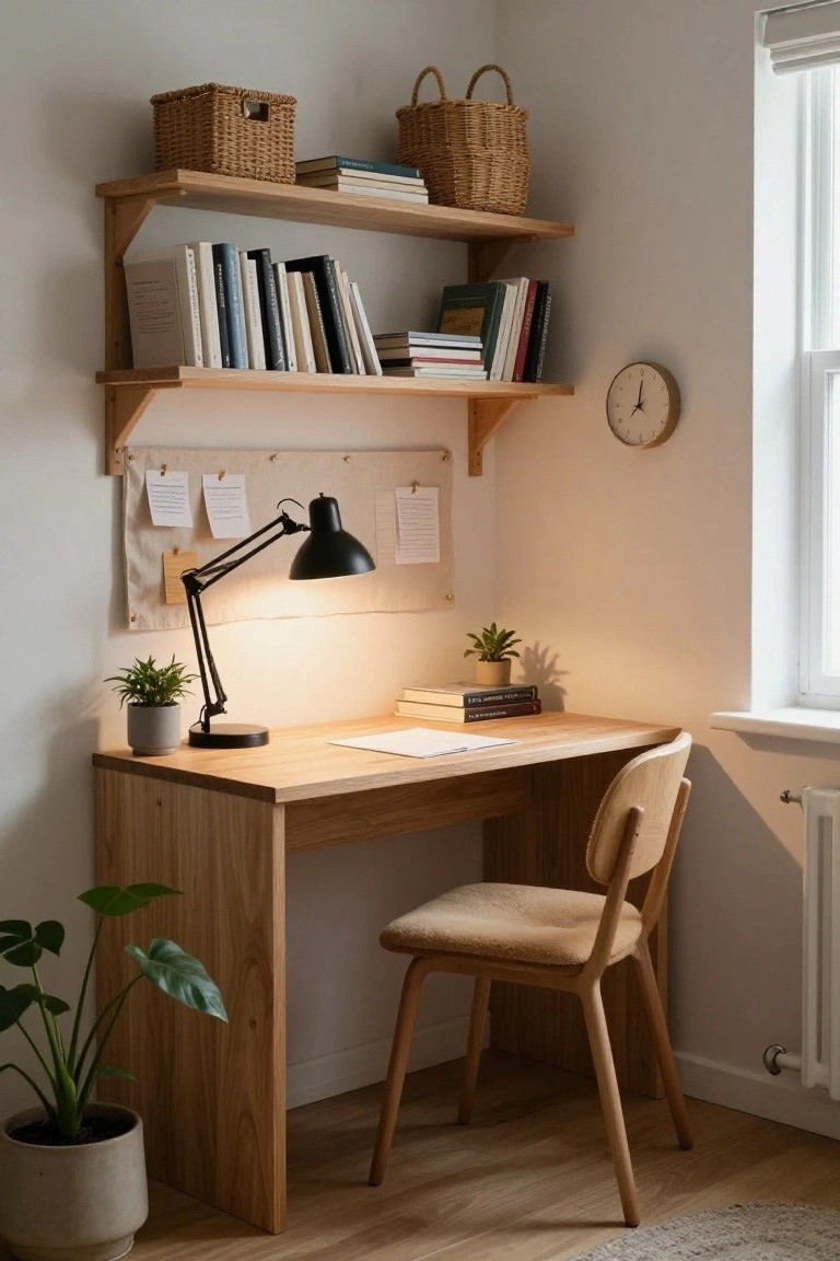 Wooden desk and chair in a bright corner room with overhead oak shelves holding books and baskets, a black adjustable desk lamp, potted plants on shelves and desk, and beige corkboard on the wall.