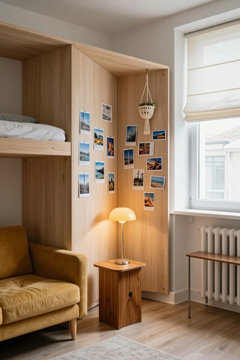 Light wood angled wall unit with integrated bunk bed, pinned travel photos, mustard yellow armchair, wood side table with lamp, and window with blinds in a minimalist apartment room.