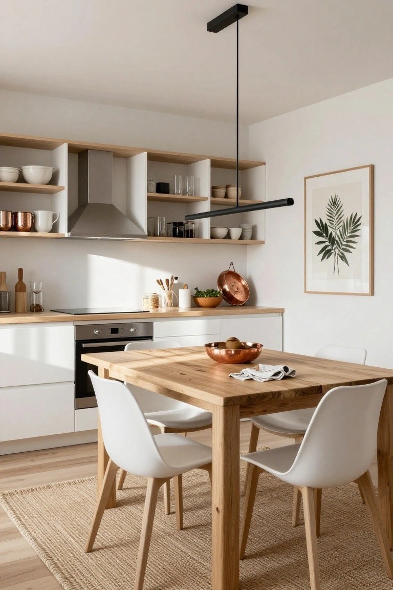 Bright kitchen interior with white cabinets, light wood countertops and rectangular dining table, four white molded chairs, open shelves holding white bowls and mugs, stainless steel appliances, black linear pendant light, and a framed leaf print on the wall.