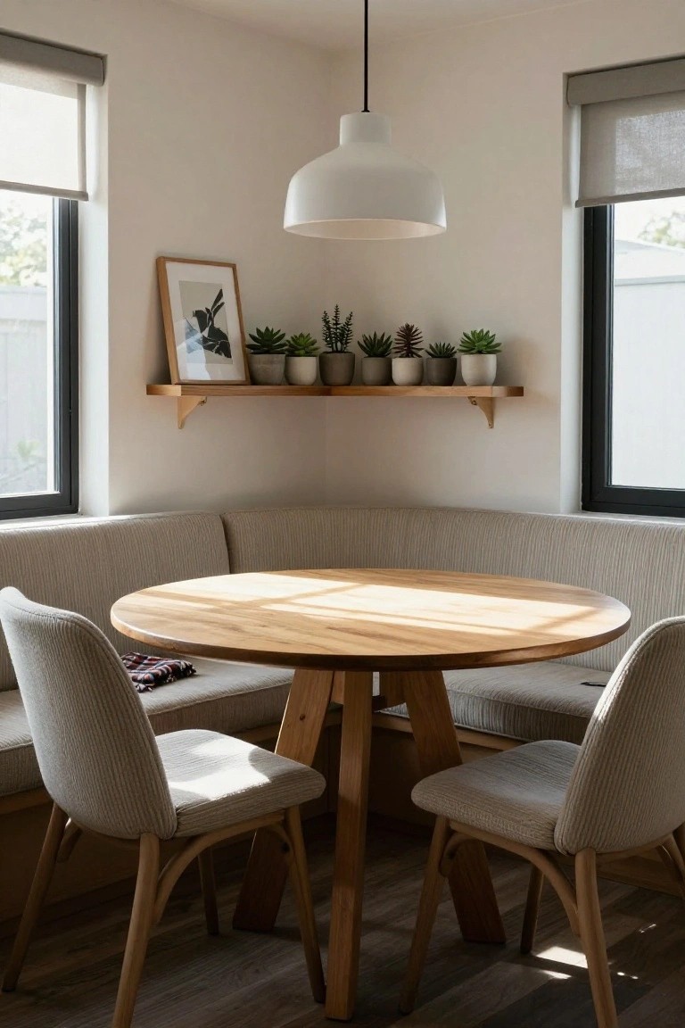 Beige upholstered corner booth with round light wood table and two matching chairs in a bright room corner, featuring windows with roller shades, a white pendant light, wooden shelves with plants, and light oak flooring.
