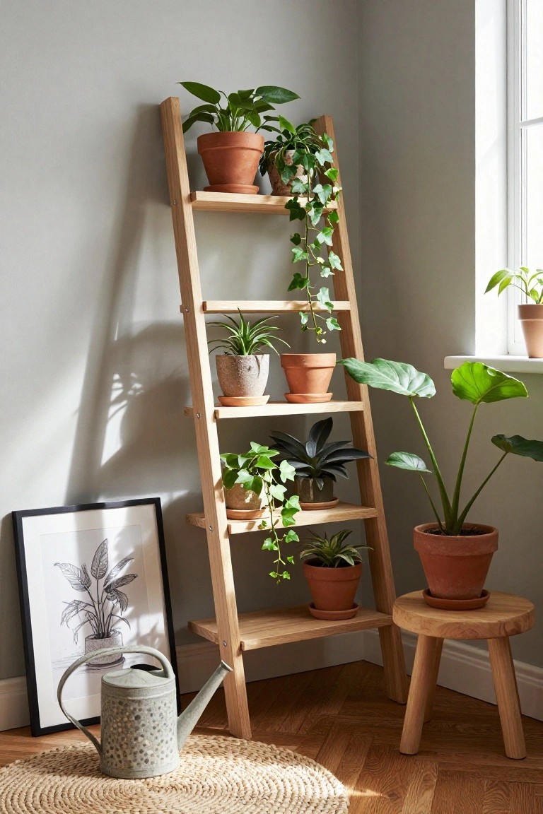 Wooden ladder shelf in a light gray room corner holding potted plants like ivy, snake plant, and alocasia, with a small wooden stool, metal watering can on the floor, framed botanical print, and seagrass rug nearby.