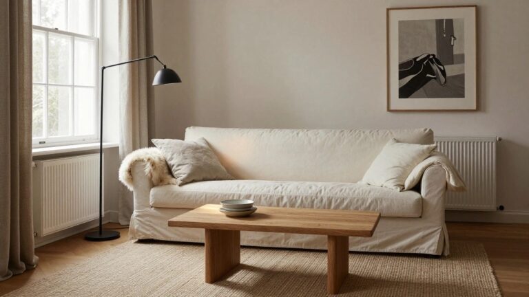 Light gray living room with white slipcovered sofa draped with sheepskin throw and pillow, low wooden coffee table holding stacked white bowls and black bowl, beige fringed rug, black arc floor lamp, oak-framed black-and-white photo on wall, sheer curtains at tall window, and white radiator below.