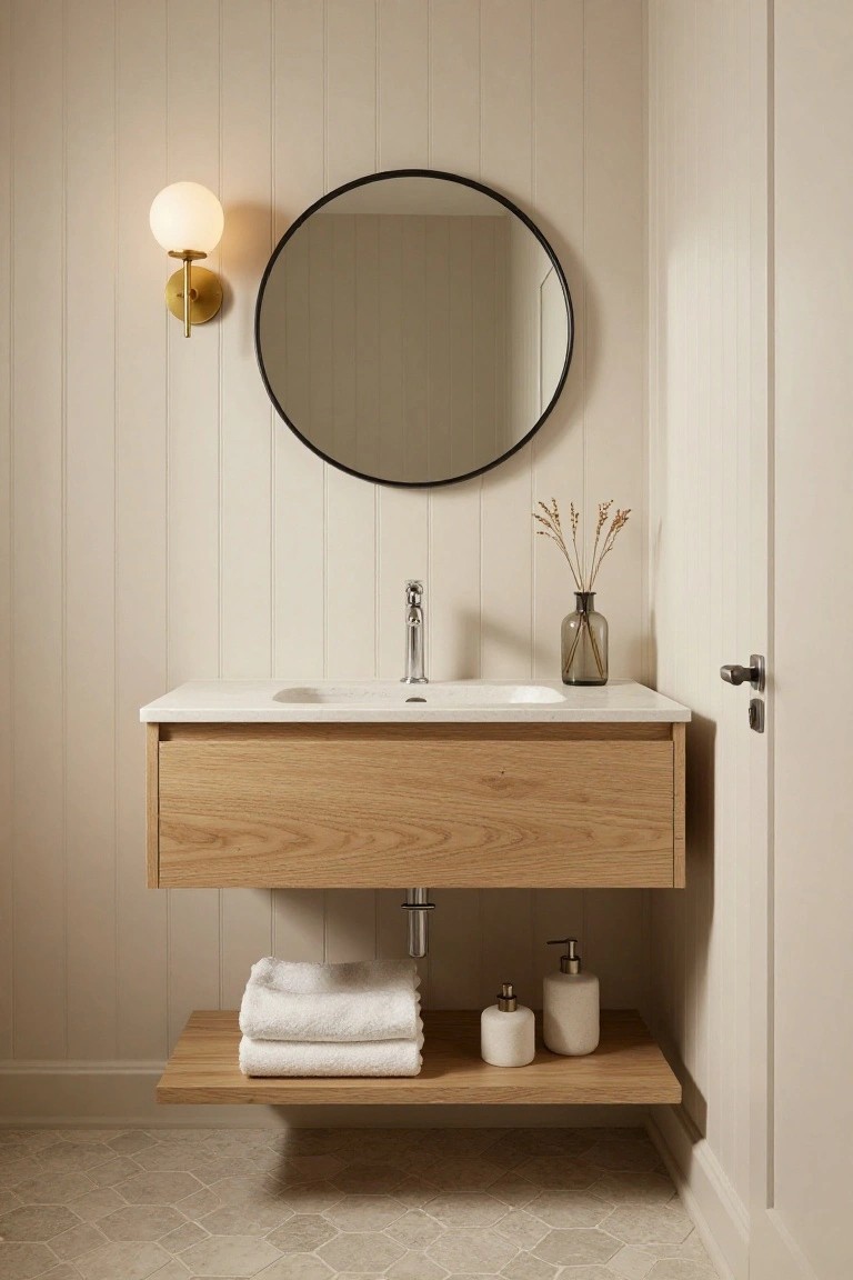 Small bathroom with floating oak vanity and sink, round black mirror above, gold wall sconce with white globe shade, vertical paneled walls, dried pampas grass in glass vase, white towels on wooden shelf below, and hexagonal light gray floor tiles.