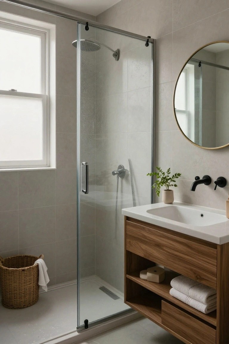 Modern bathroom with light gray subway tile walls and floor, frameless glass shower enclosure with rainfall showerhead, floating wooden vanity cabinet under white rectangular sink with black wall-mounted faucet, round gold-framed mirror above, small potted plant on vanity, woven basket with towel on floor.