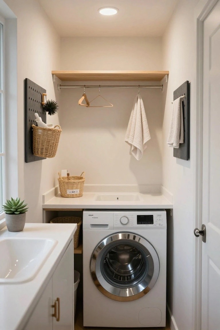 Compact indoor laundry room featuring a white washer, sink on countertop, black pegboard wall with hanging baskets and towels, wood shelf with rod above, and potted plants.