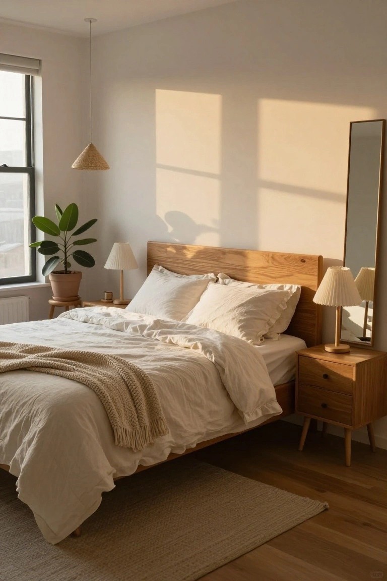 Sunlit bedroom interior featuring a wooden platform bed with white rumpled linens and throw, matching wood nightstands with pleated lamps, potted plant, rattan pendant light, full-length mirror, and neutral rug on wood floors.