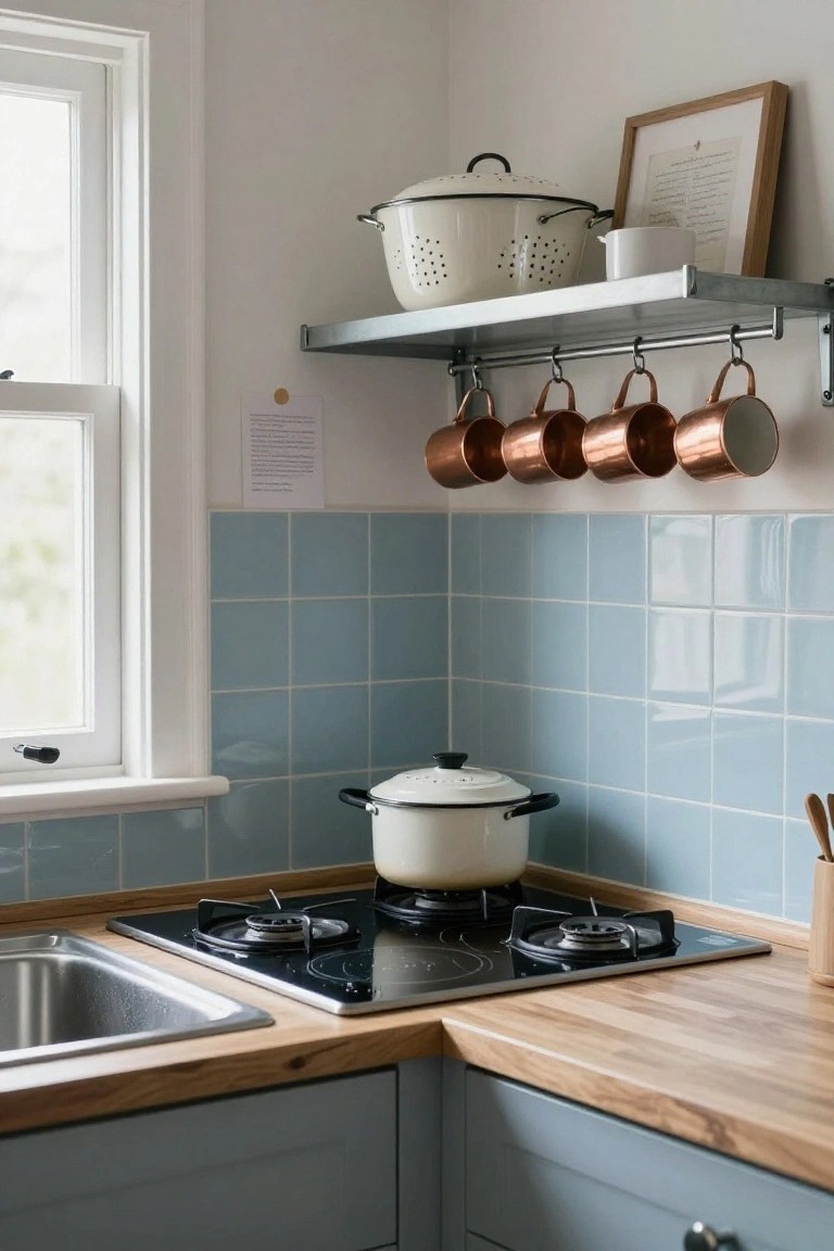 Kitchen corner with blue subway tile backsplash, oak wood countertop, stainless sink, black induction cooktop, metal wall shelf holding white enamel colander and jug, and copper mugs hanging from hooks below.