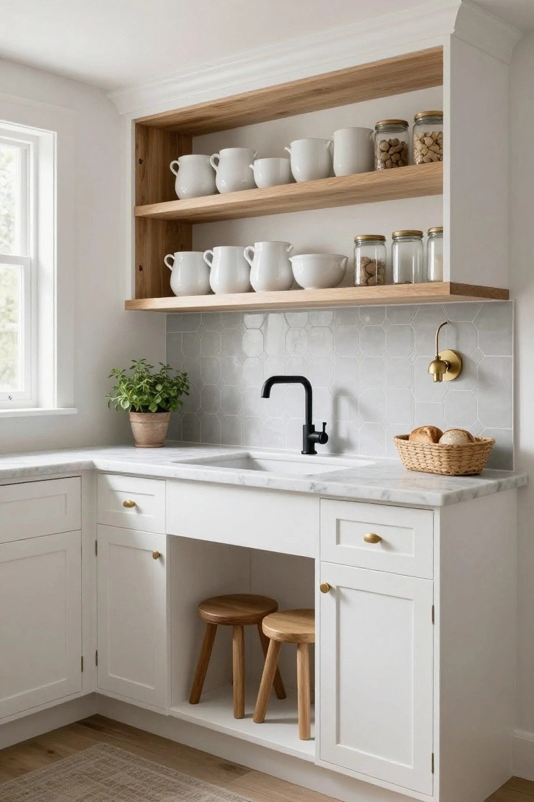 Corner view of a white kitchen with shaker-style cabinets, marble countertop and sink, black matte faucet, gray hexagonal tile backsplash, oak open shelves displaying white pitchers, bowls, and glass jars, two wooden stools under the sink, a potted herb plant, and a bread basket on the counter.