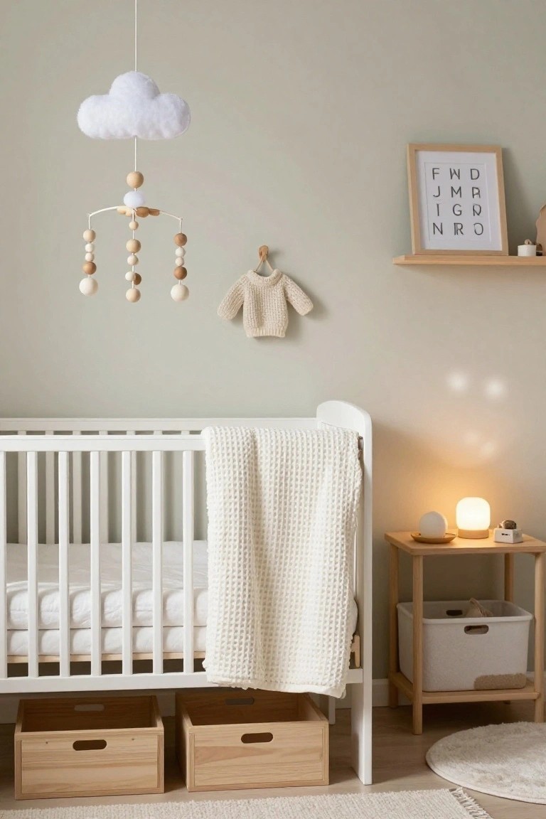 A minimalist nursery with pale green-gray walls, white crib holding a fitted sheet and knit blanket, wooden mobile with cloud and beads suspended above, wooden side table with lamp and storage bin, hanging knit sweater, alphabet print on shelf, and wooden baskets below the crib.