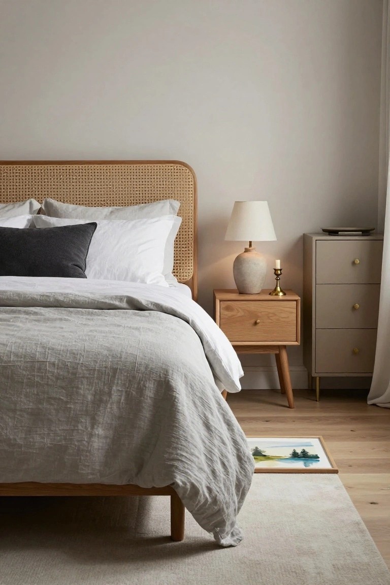 Bedroom with rattan headboard, gray and white pillows, linen duvet on wood bed frame, oak nightstand holding lamp and candleholder, tall gray dresser, and small framed painting on hardwood floor beside beige rug.