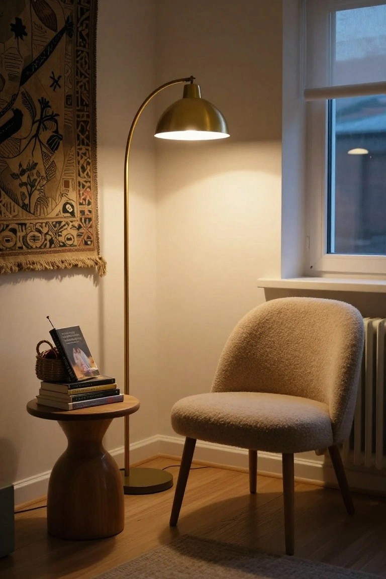 Beige boucle armchair next to a round wooden pedestal side table with stacked books and a basket, lit by a gold arched floor lamp, in a white room corner with tapestry wall hanging, radiator, and window with blinds.
