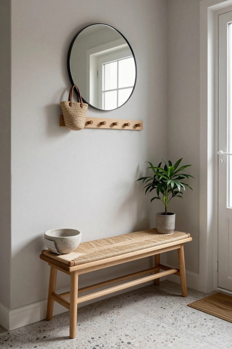 Gray entryway corner featuring an oak bench with rattan seat, wooden peg rail with straw bag, round black mirror, potted plant in gray pot, white ceramic bowl, and white door.