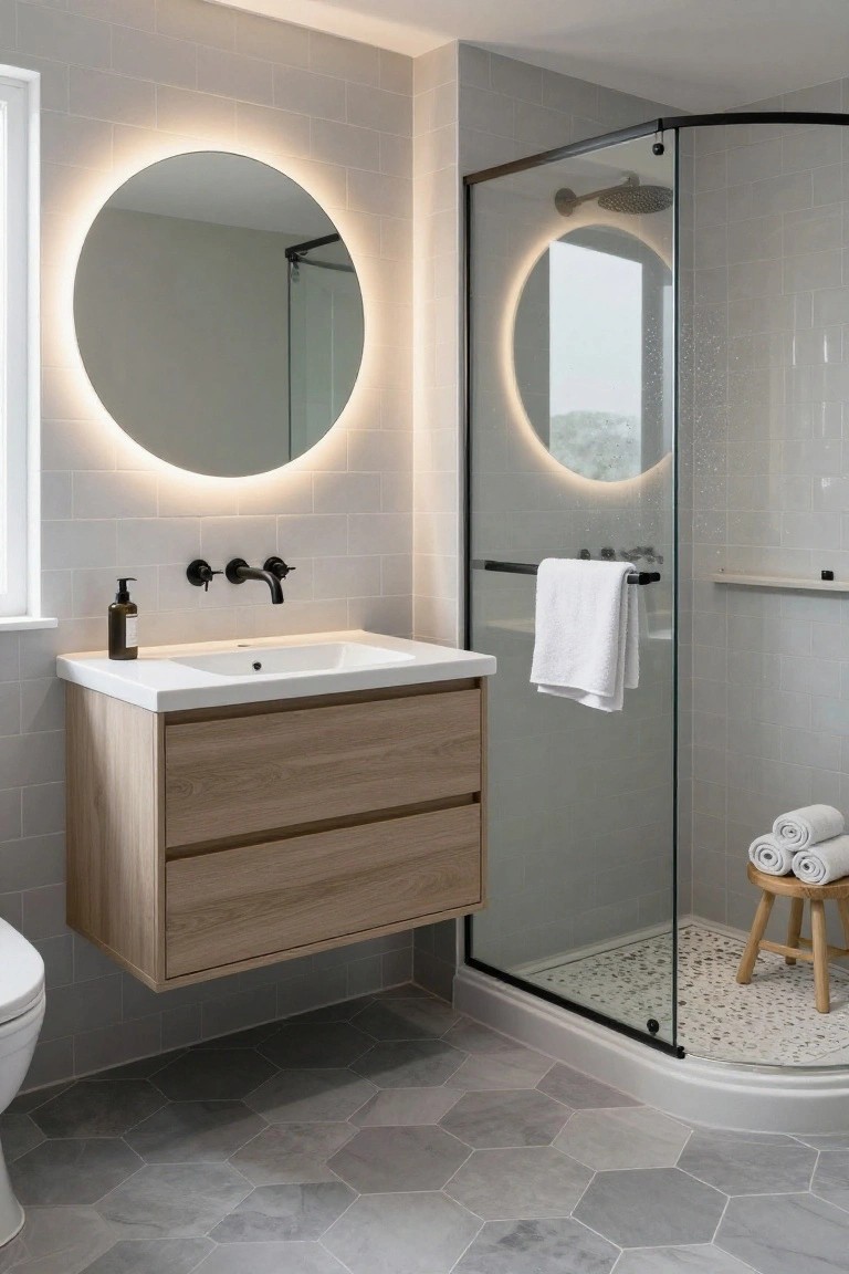 Modern bathroom with floating light oak double-drawer vanity under white ceramic sink, matte black wall-mount faucet, round backlit mirror, curved glass shower enclosure, white subway tile walls, wall-hung white toilet, and gray hexagonal floor tiles.