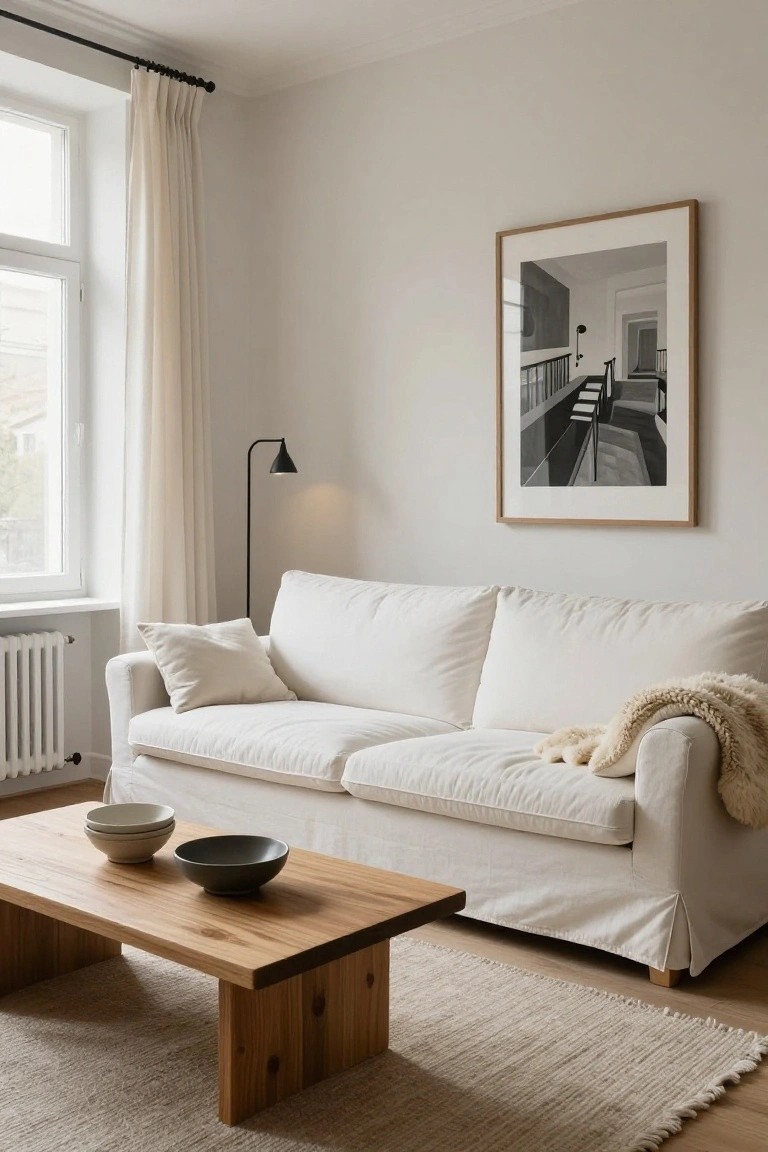 Light gray living room with white slipcovered sofa draped with sheepskin throw and pillow, low wooden coffee table holding stacked white bowls and black bowl, beige fringed rug, black arc floor lamp, oak-framed black-and-white photo on wall, sheer curtains at tall window, and white radiator below.