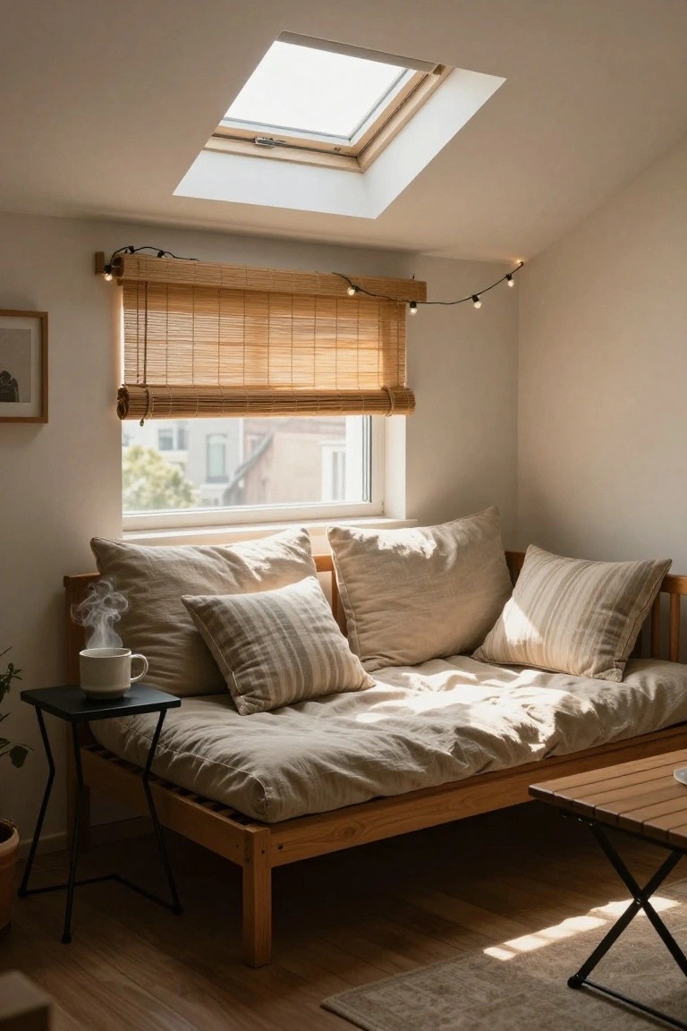 Cozy indoor corner with a low wooden futon daybed covered in beige and striped pillows, bamboo blinds on a window, skylight above, small black side table with a cup steaming, plants, and wooden floor.