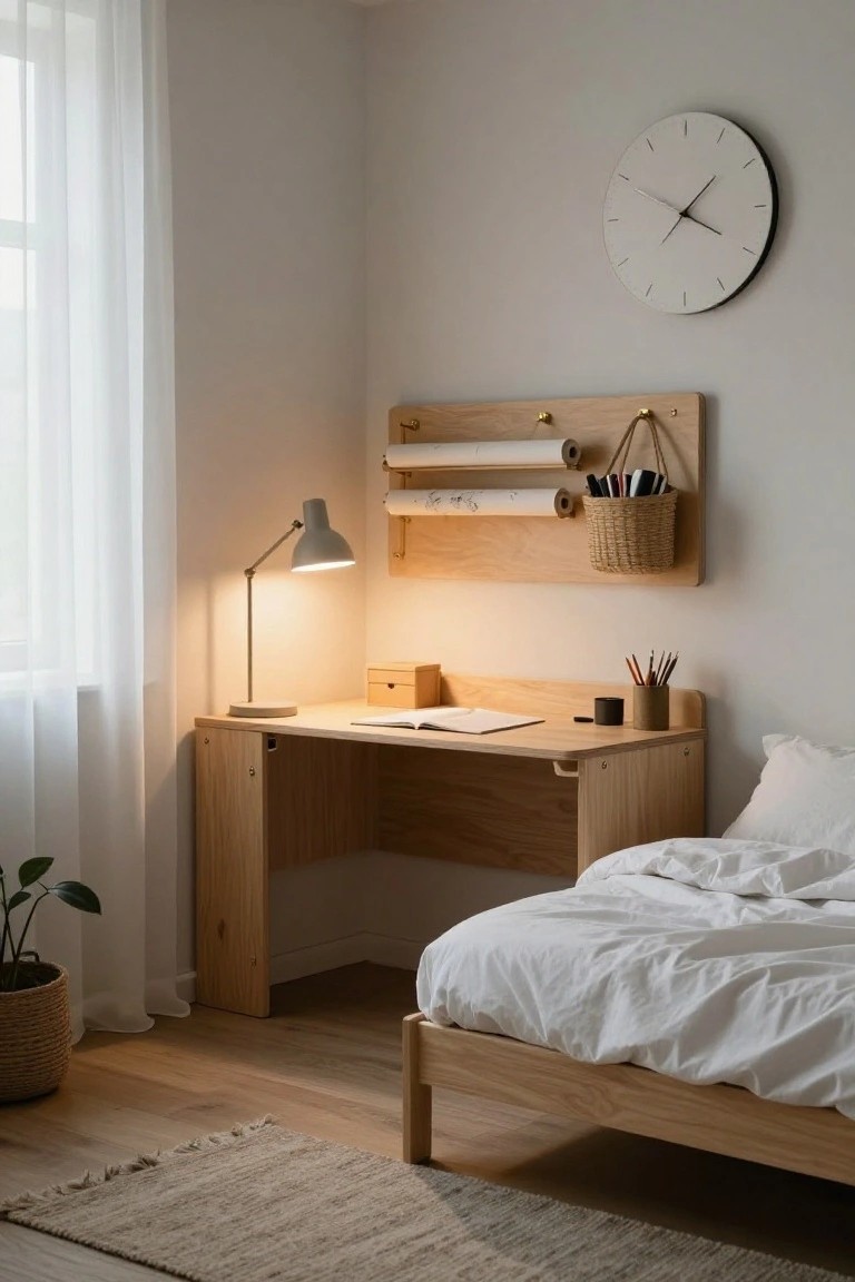 Cozy bedroom corner with light oak desk next to a low bed, wall-mounted wooden organizer holding paper rolls hooks basket of pens, desk lamp on, sheer curtained window, potted plant on floor, light wood flooring.