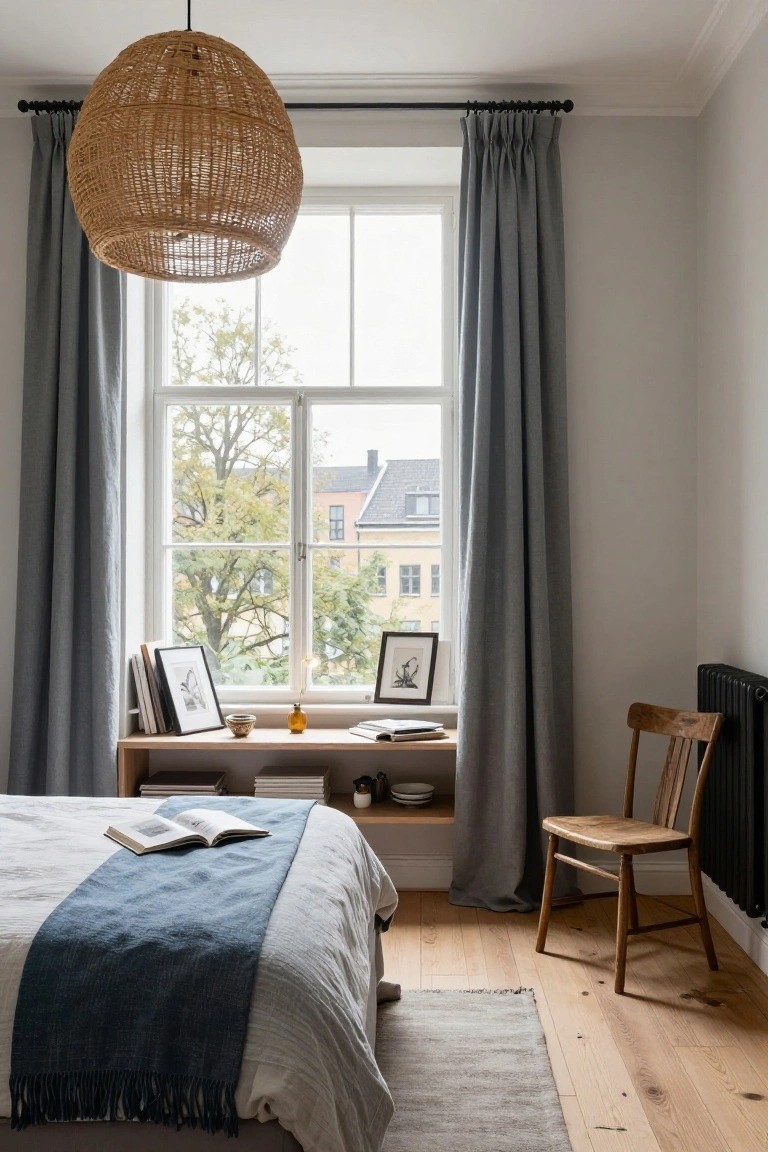 Bedroom with a low wooden platform bed covered in white linens and a blue woven throw, open book on bed, built-in wooden shelf under large window with gray curtains holding stacked books picture frames vase and dish, rattan pendant light overhead, wooden chair next to black radiator, light oak floors and neutral walls.