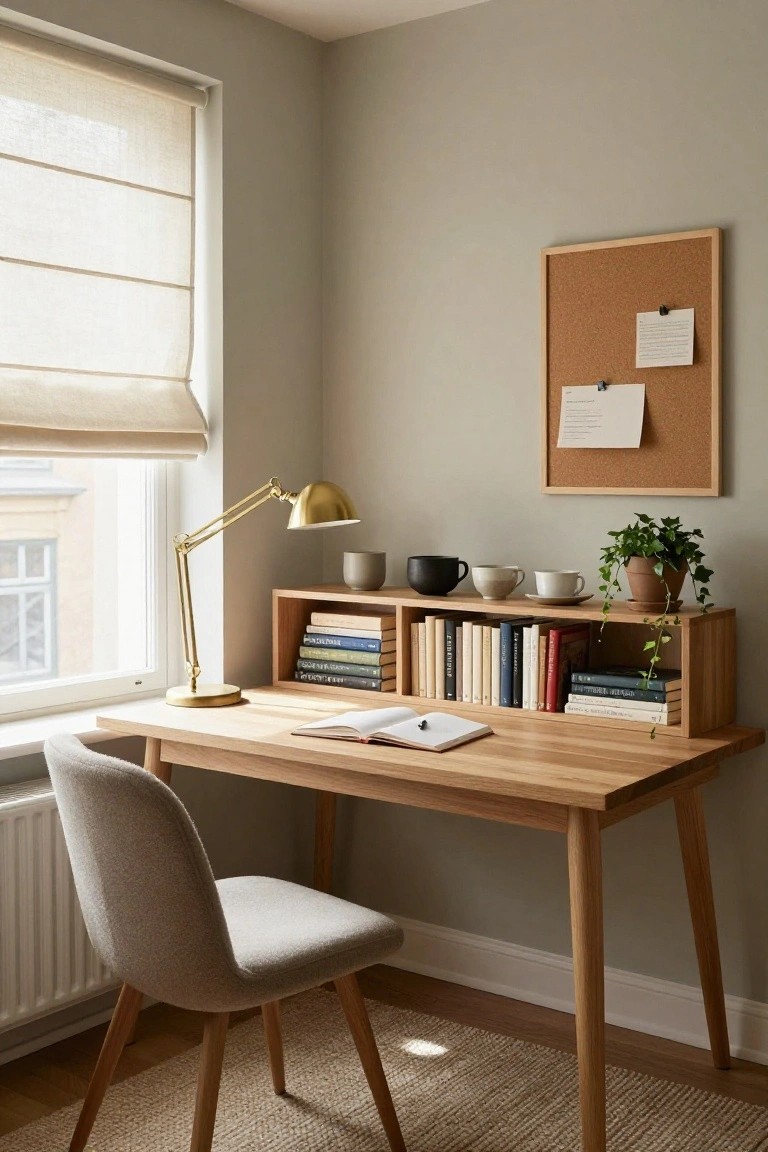 A wooden desk with integrated open shelving above it in a light gray room corner, featuring books, cups, a potted plant, adjustable lamp, beige chair, and window with sheer blind.