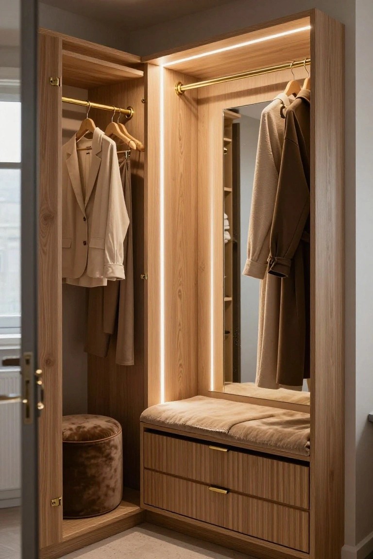 Open corner wooden wardrobe with beige and brown clothes hanging on gold rods, LED light strips along edges, full-length mirror, built-in bench with drawers and beige cushion, and brown velvet pouf stool.